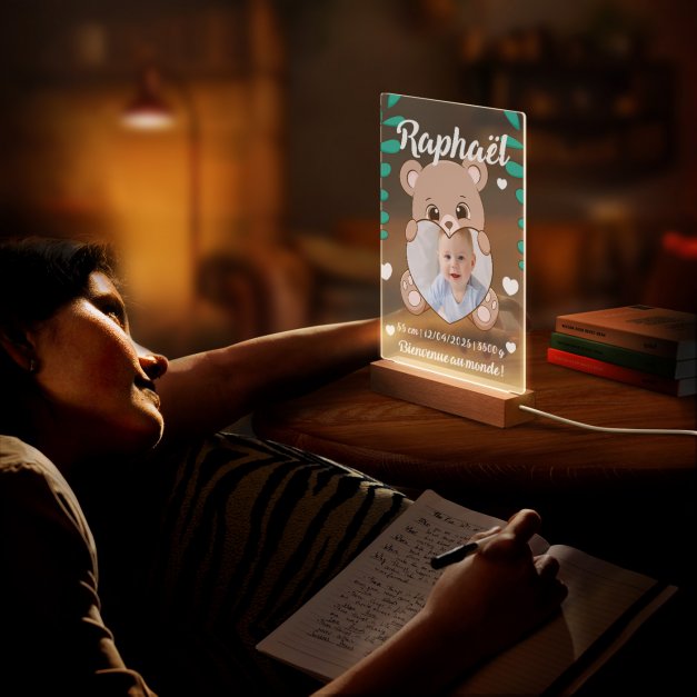 Lampe LED personnalisée de taille XL avec photo pour la naissance d'un petit garçon
