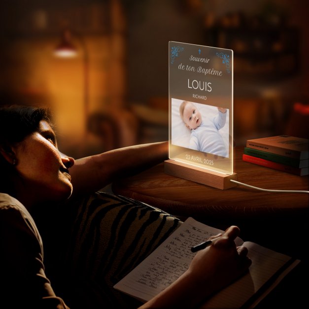 Lampe LED personnalisée de taille XL avec photo souvenir de baptême garçon
