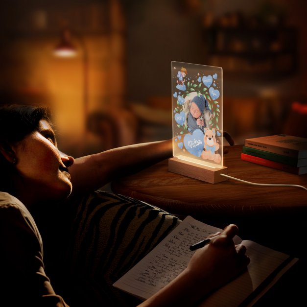 Lampe LED personnalisée de taille L avec photo affiche naissance garçon