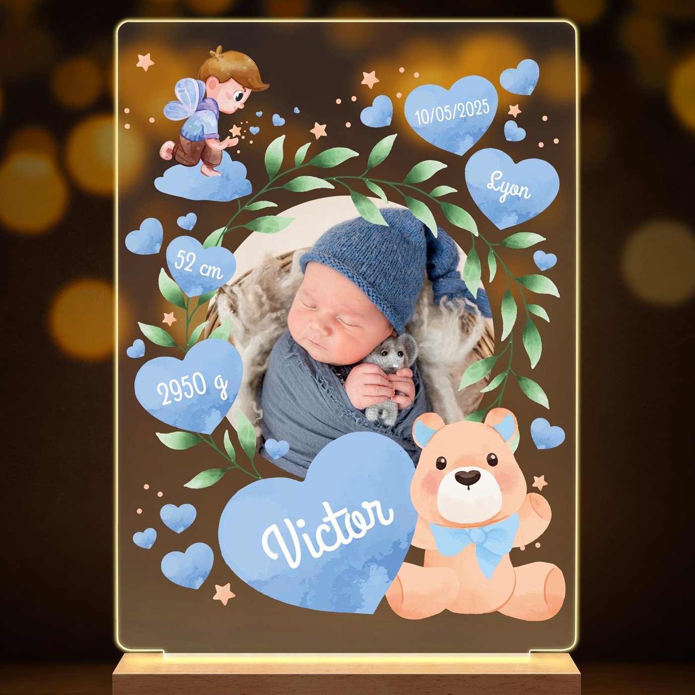 Lampe LED personnalisée de taille L avec photo affiche naissance garçon
