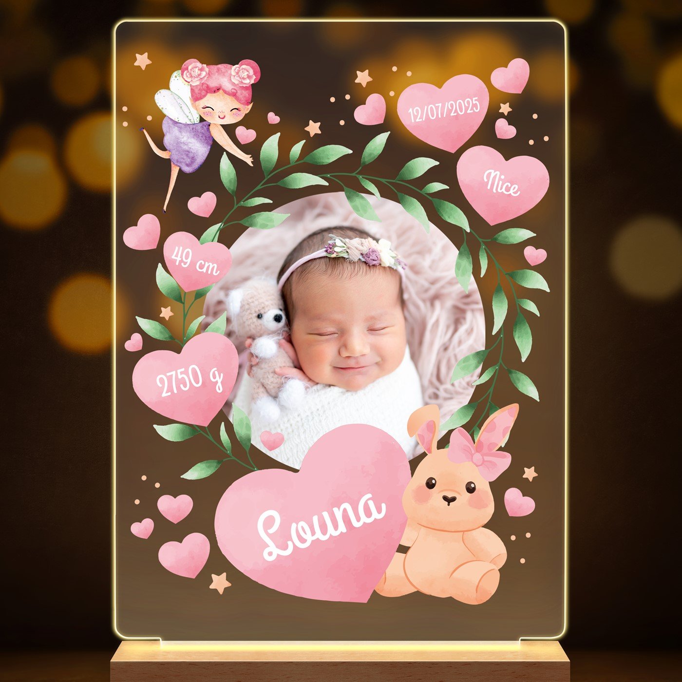 Lampe LED personnalisée de taille L avec photo affiche naissance fille