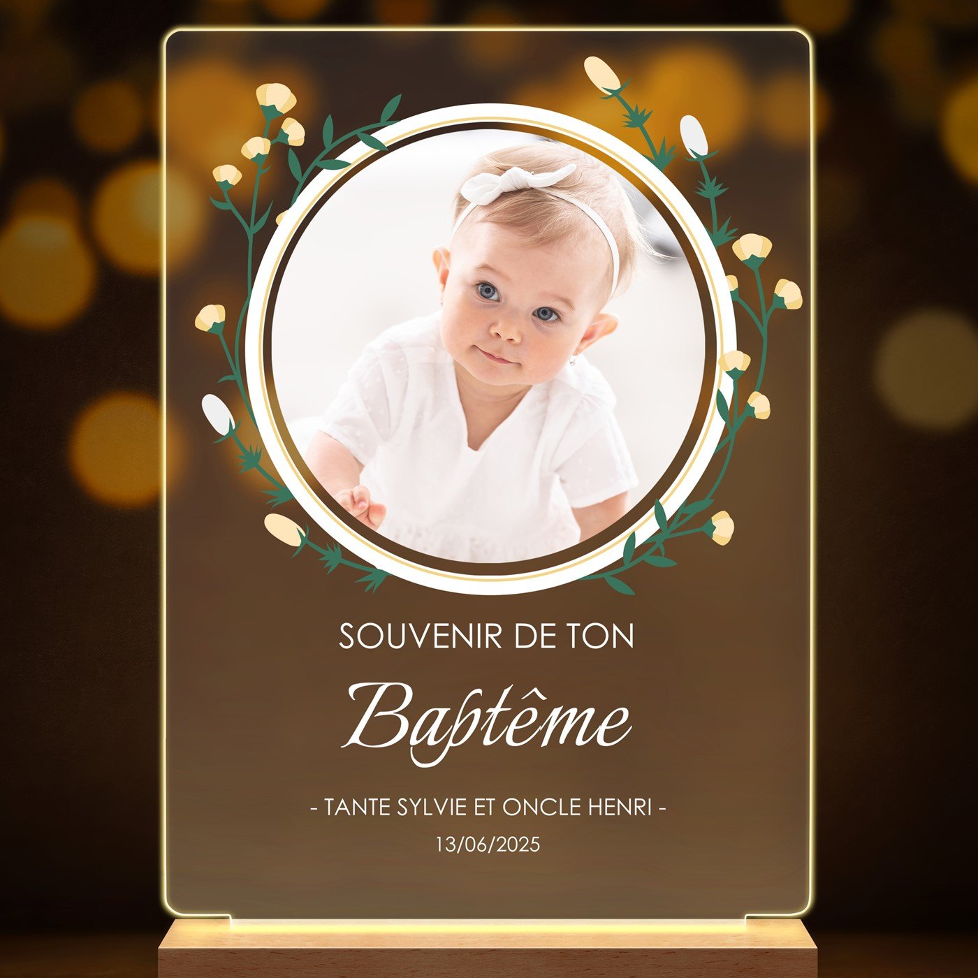 Lampe LED personnalisée de taille L avec photo pour enfant pour baptême