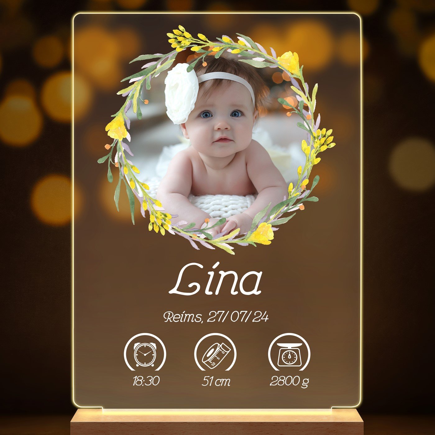 Lampe LED personnalisée de taille L avec photo pour la naissance d'une fille
