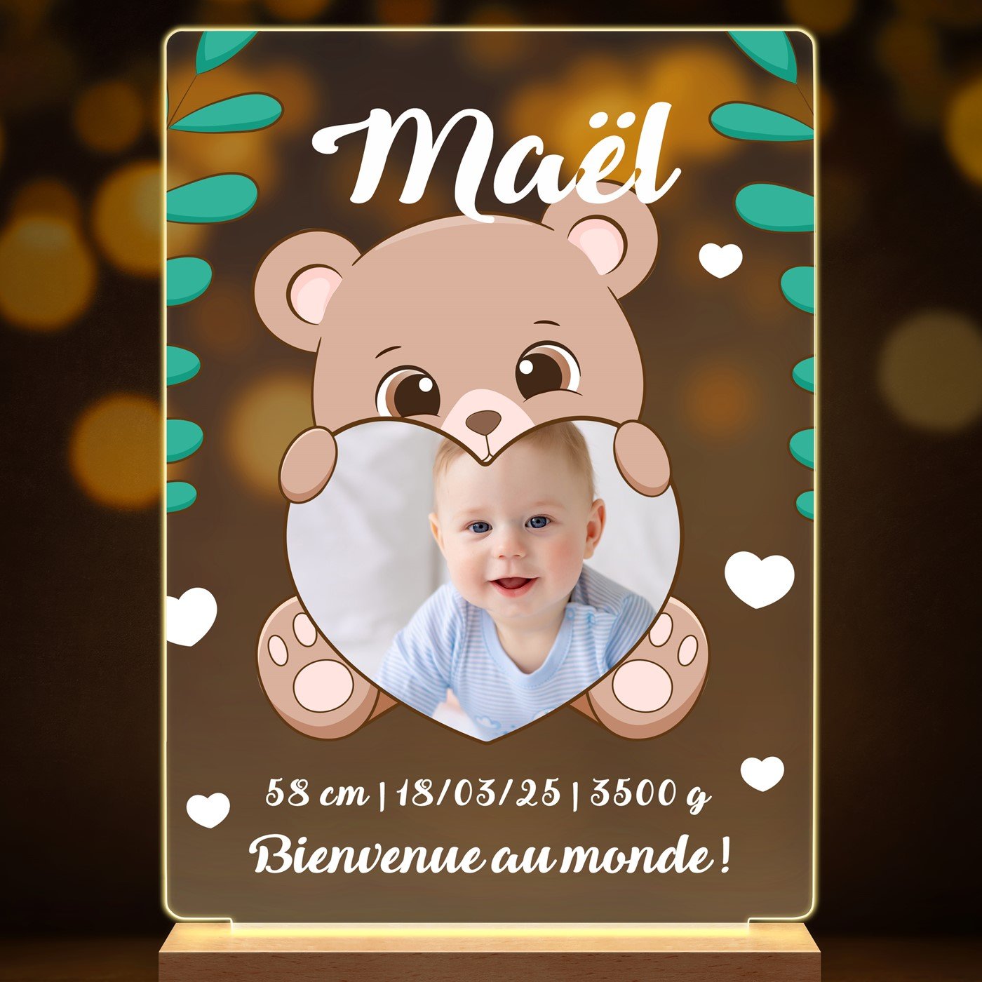 Lampe LED personnalisée de taille L avec photo pour la naissance d'un petit garçon