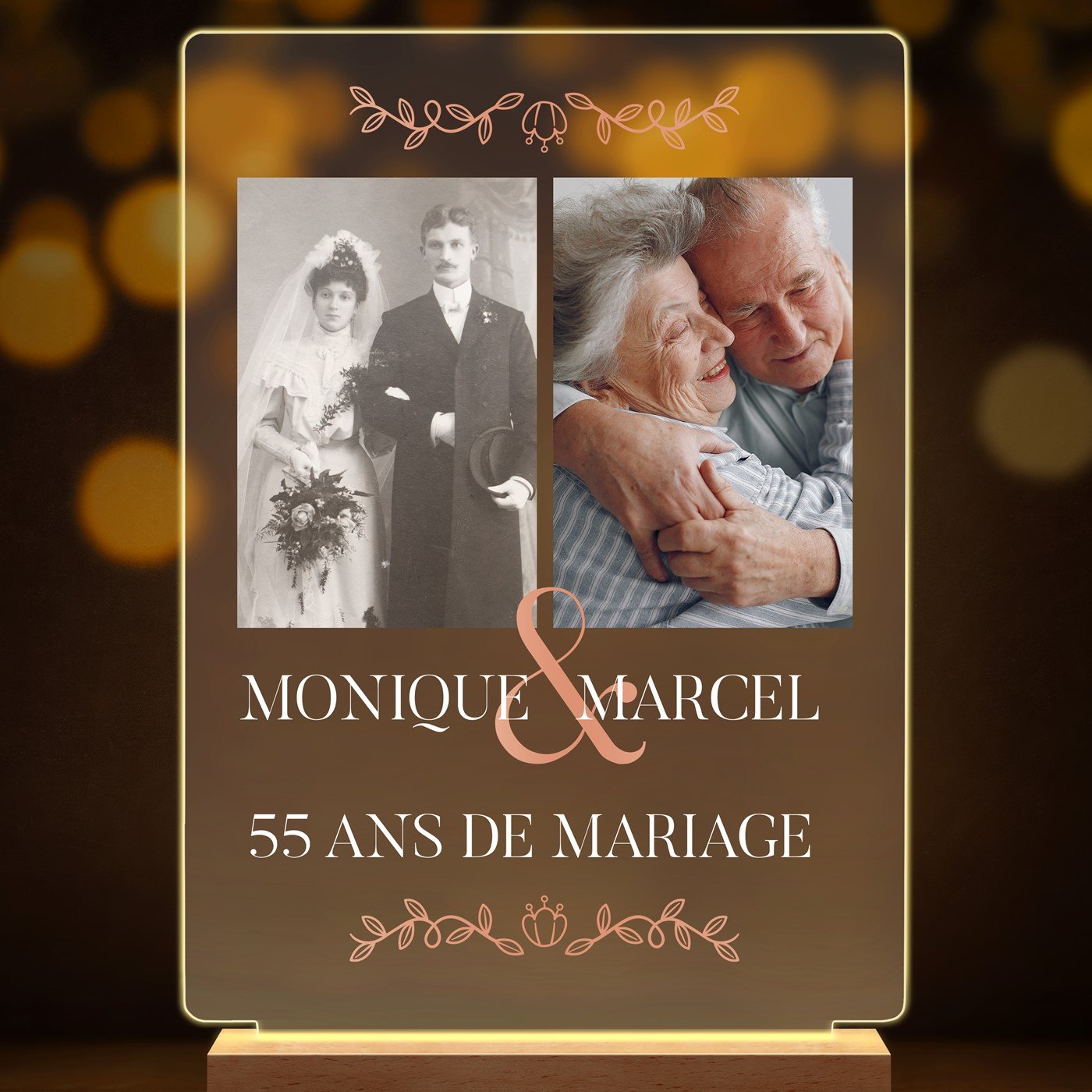 Lampe LED personnalisée de taille XL avec photo pour couple 55e anniversaire de mariage
