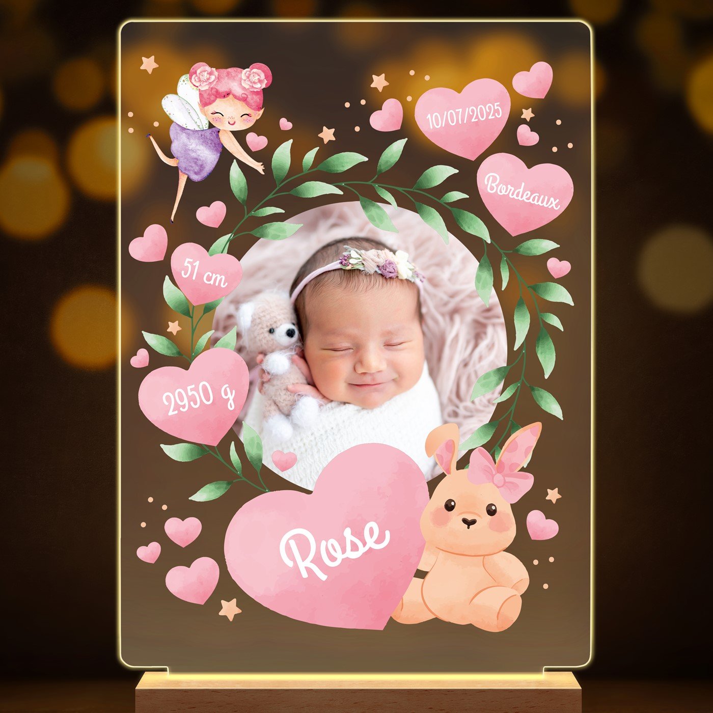 Lampe LED personnalisée de taille XL avec photo affiche naissance fille