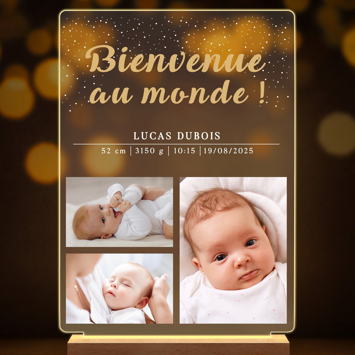 Lampe LED personnalisée de taille XL avec photo pour enfant bienvenue au monde