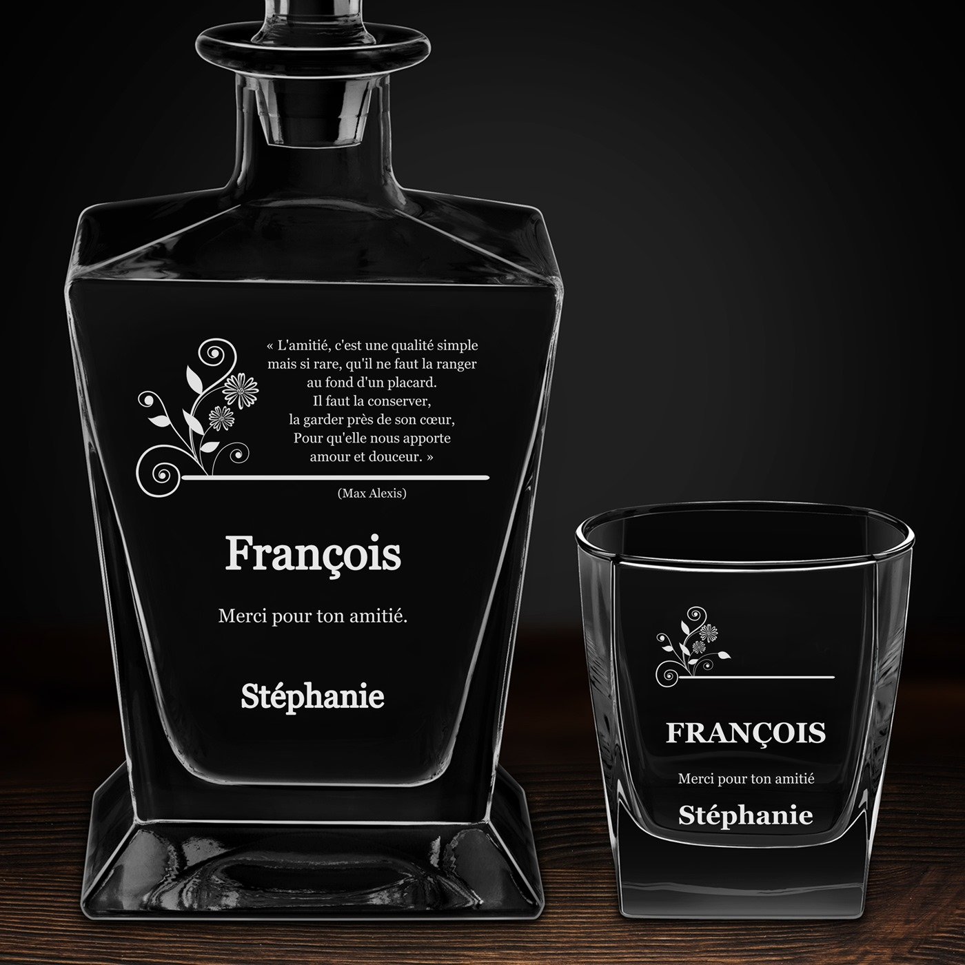 Carafe à whisky Pyramid et 6 verres avec gravure pour témoin