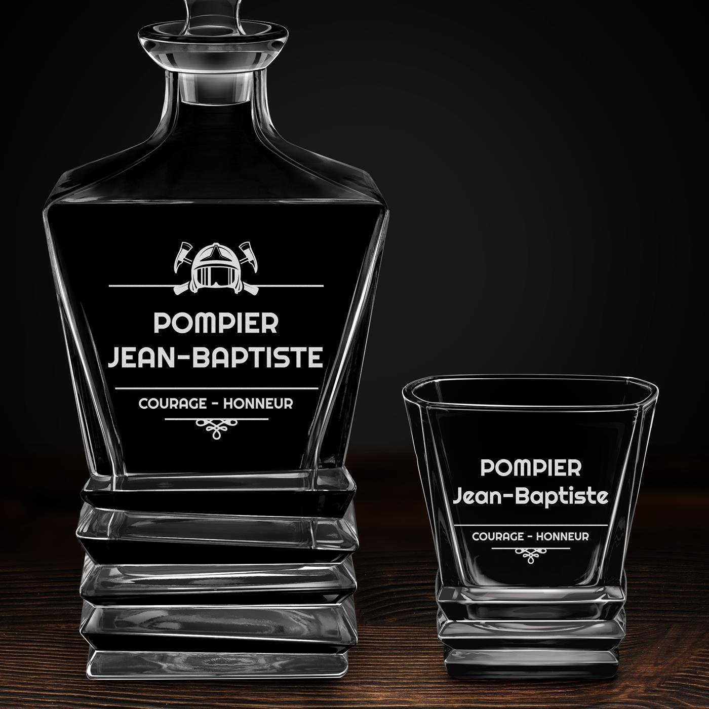 Ensemble Carafe Geometric et 4 verres avec gravure pour un pompier