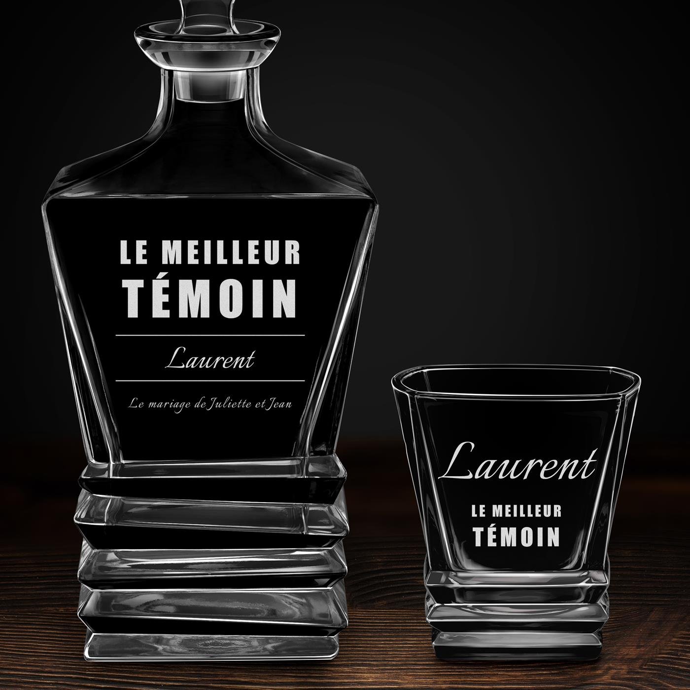 Ensemble Carafe Geometric et 2 verres avec gravure pour témoin mariage