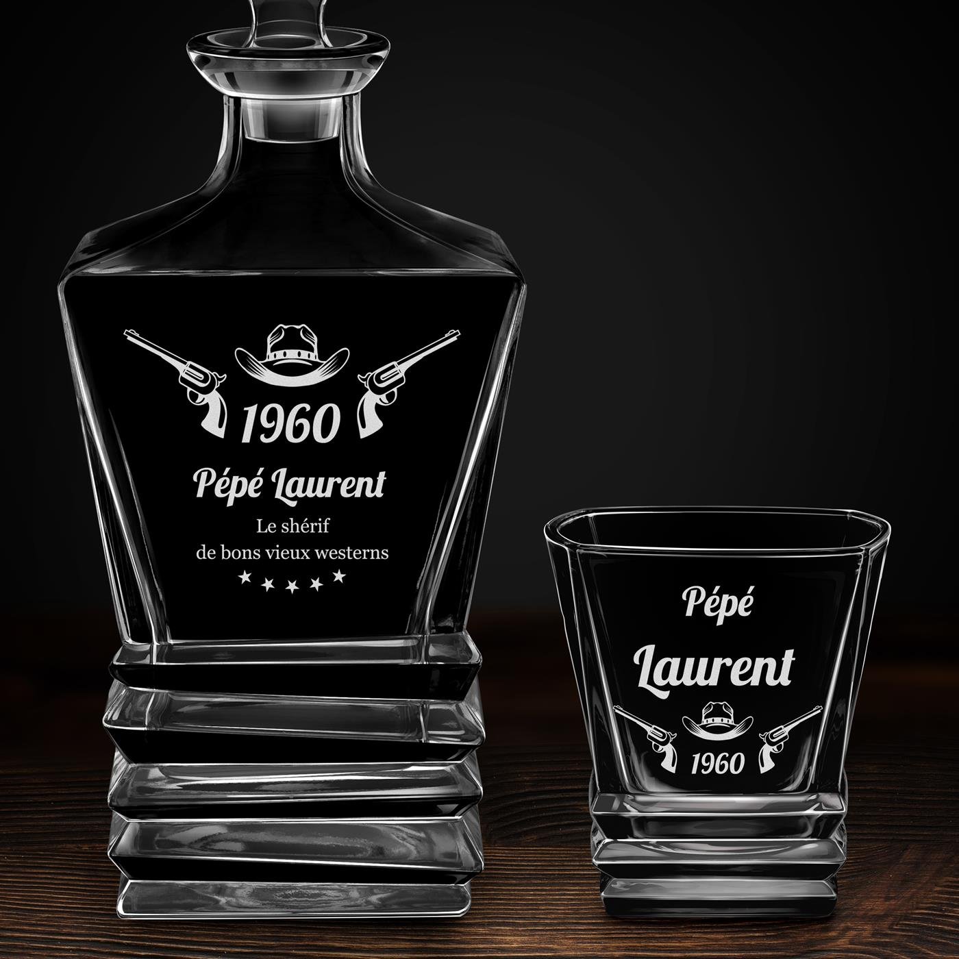 Ensemble Carafe Geometric et 2 verres avec gravure pour grand-père anniversaire