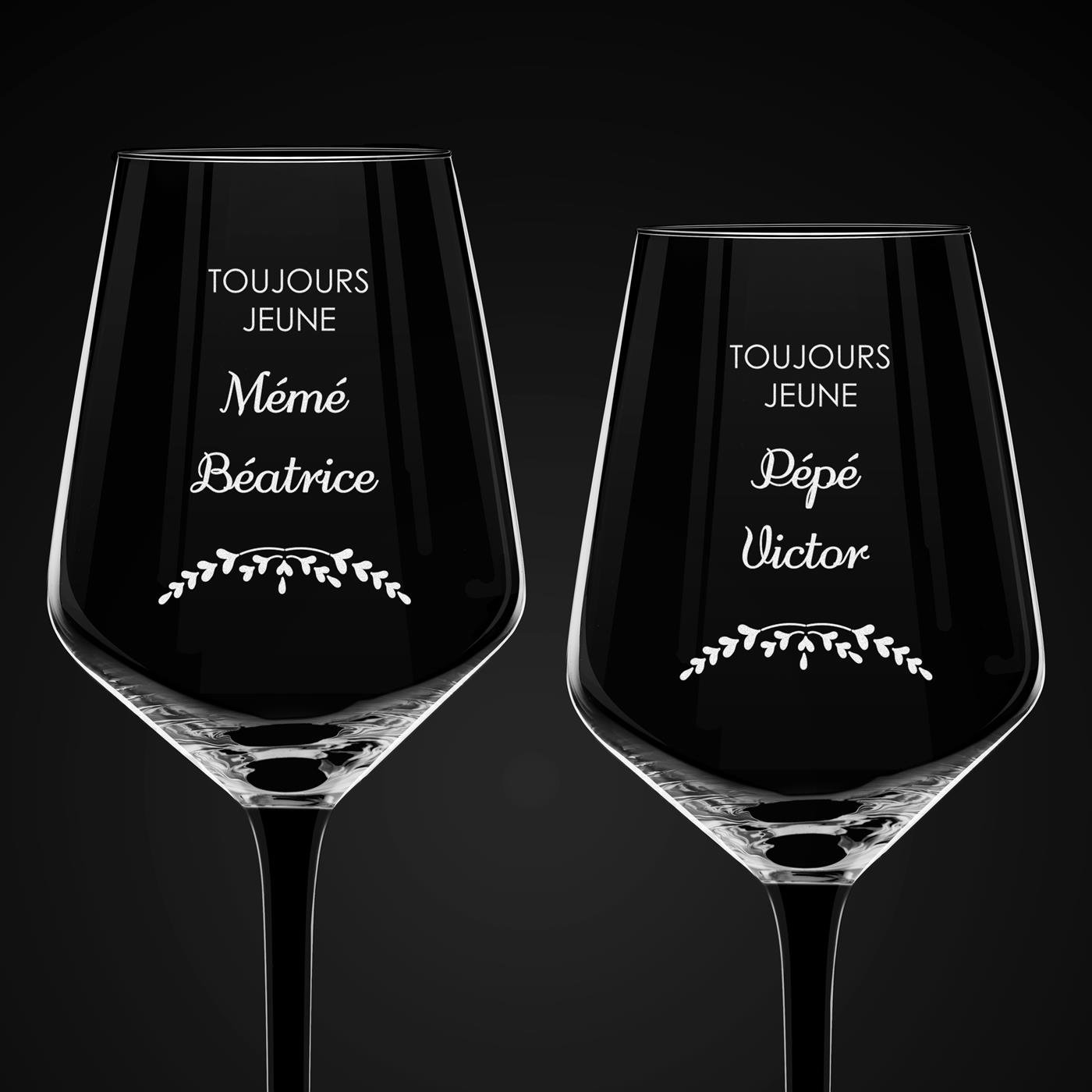 2 verres à vin à pied noir avec gravure pour grands-parents