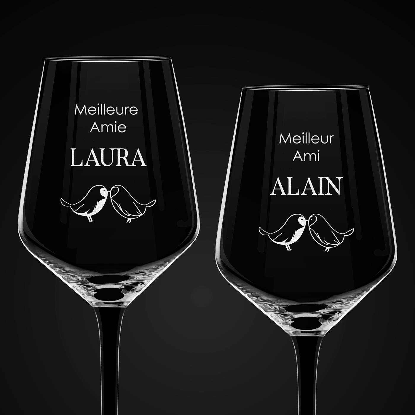 2 verres à vin à pied noir avec gravure pour meilleur ami et meilleure amie