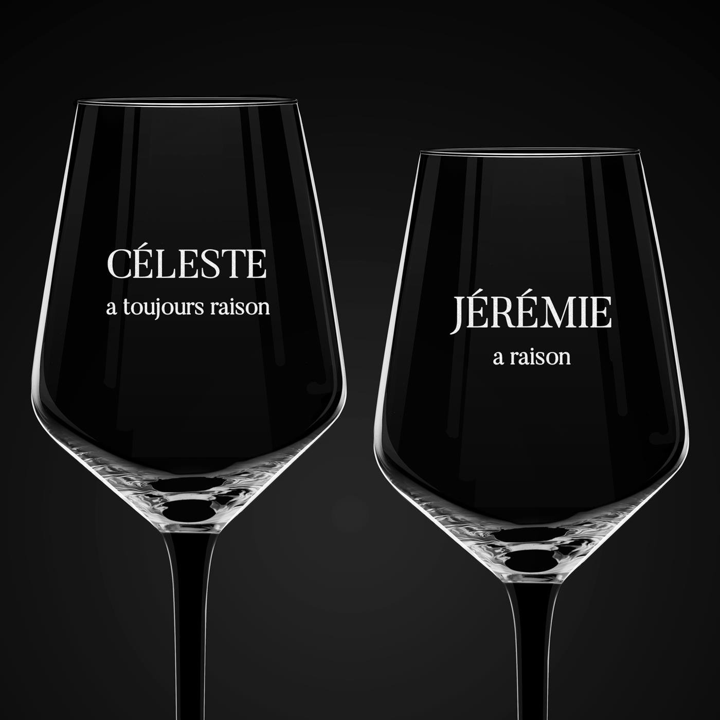 2 verres à vin à pied noir avec gravure pour mari et femme