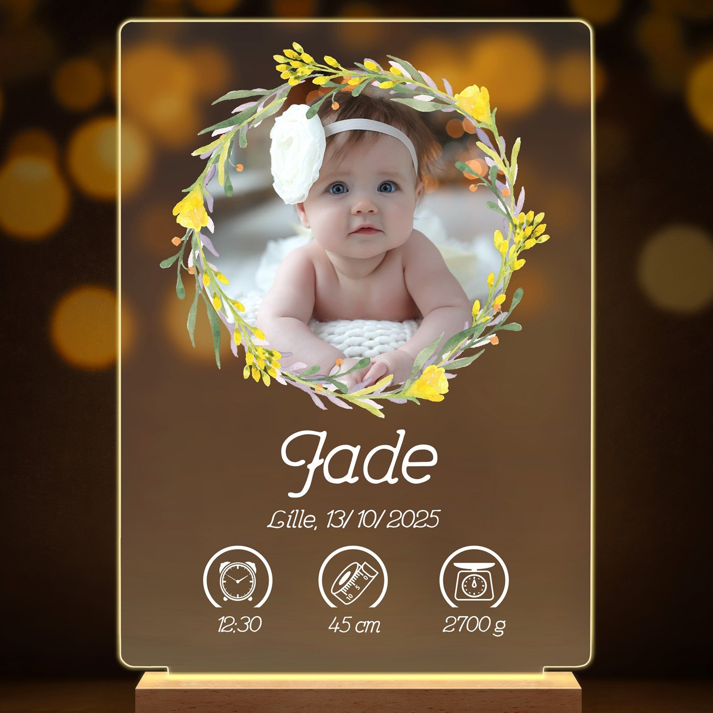 Lampe LED personnalisée de taille XL avec photo pour la naissance d'une fille