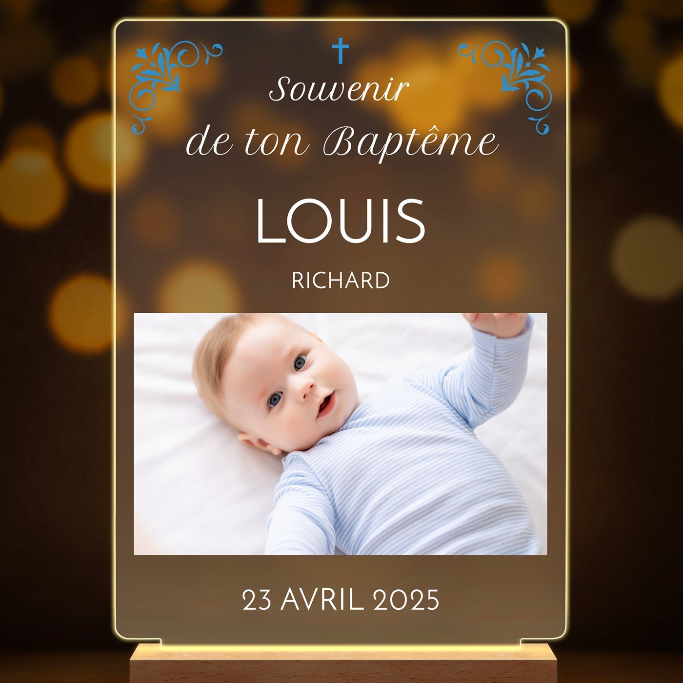 Lampe LED personnalisée de taille XL avec photo souvenir de baptême garçon