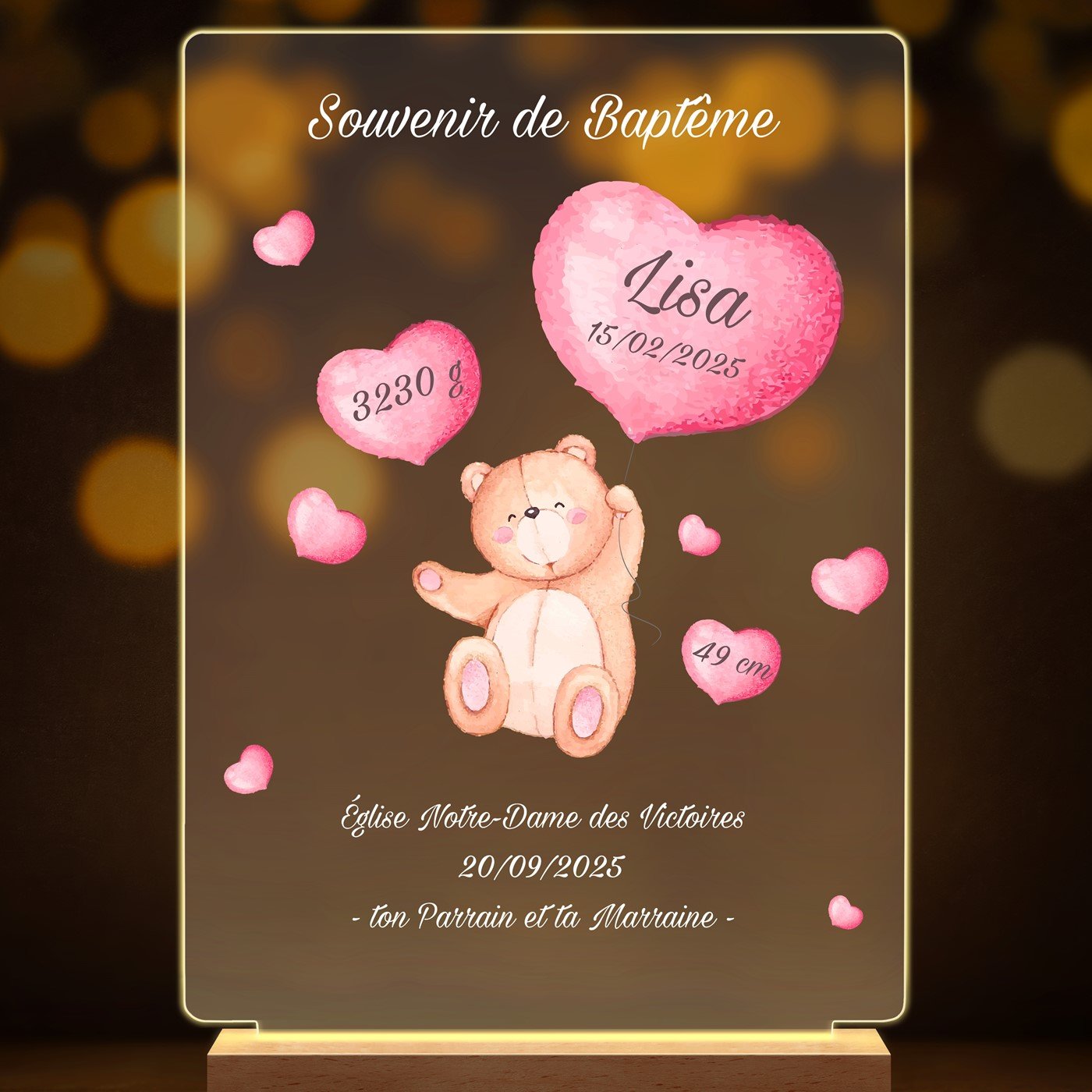 Lampe LED personnalisée de taille XL pour filleule pour baptême