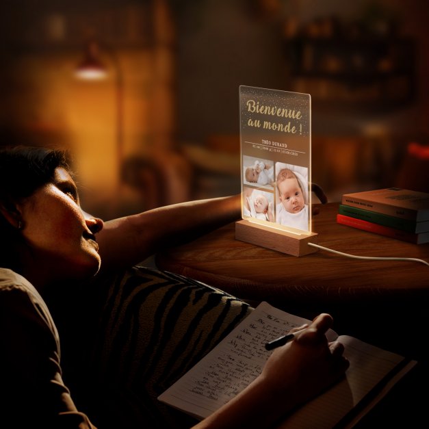 Lampe LED personnalisée de taille L avec photo pour enfant bienvenue au monde