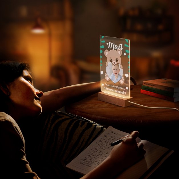 Lampe LED personnalisée de taille L avec photo pour la naissance d'un petit garçon