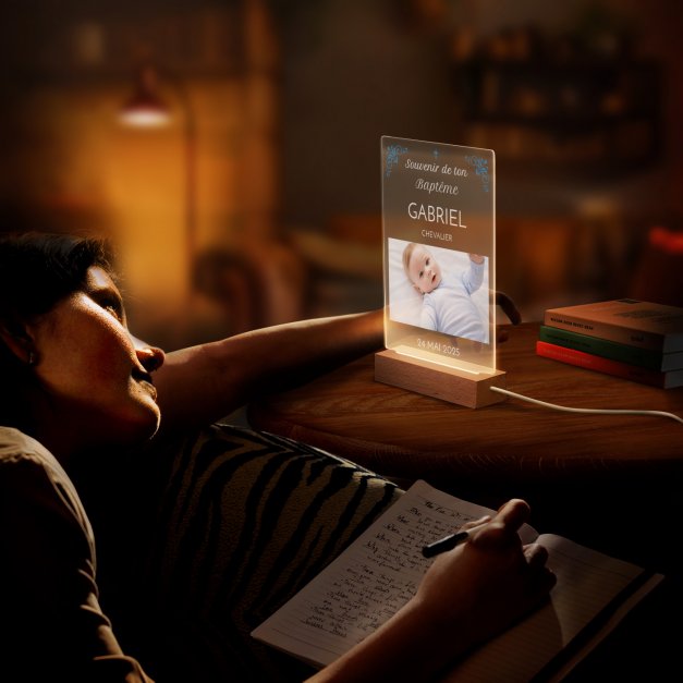 Lampe LED personnalisée de taille L avec photo souvenir de baptême garçon