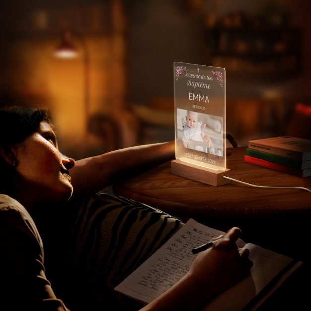 Lampe LED personnalisée de taille L avec photo souvenir de baptême fille