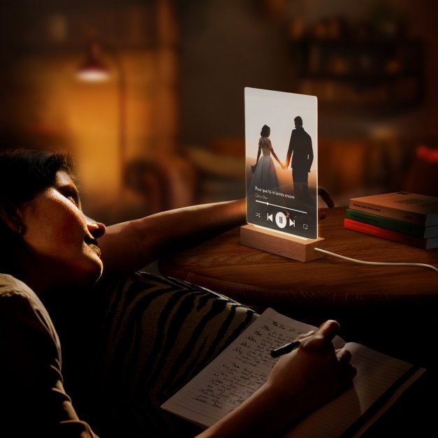 Lampe LED personnalisée de taille L avec photo pour couple avec thème musical