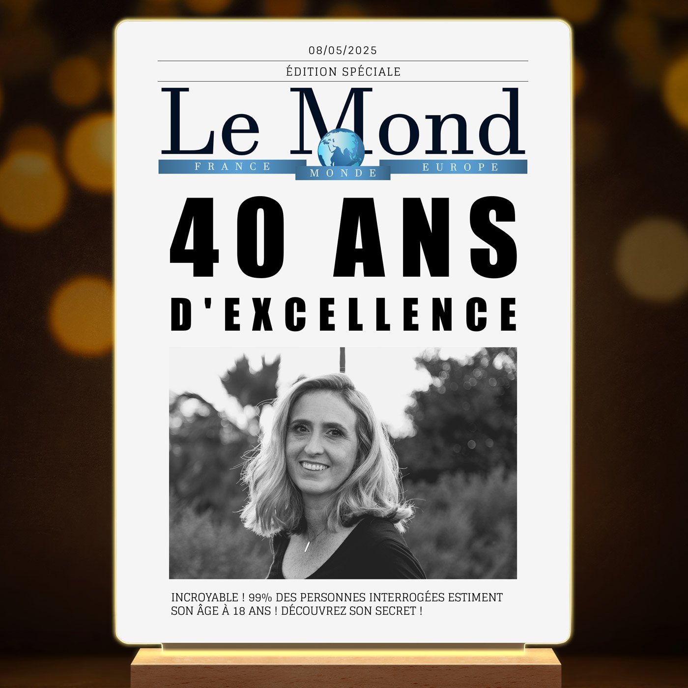 Lampe LED personnalisée de taille XL avec photo motif journal