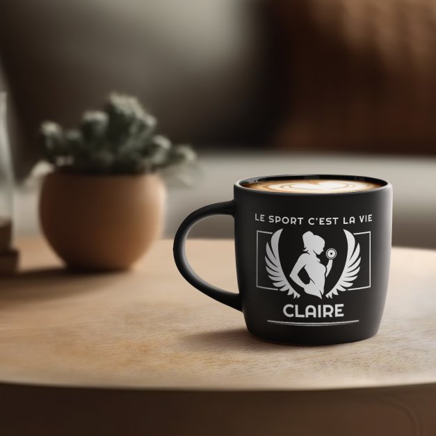 Tasse noire en céramique avec gravure pour elle femme fan de sport