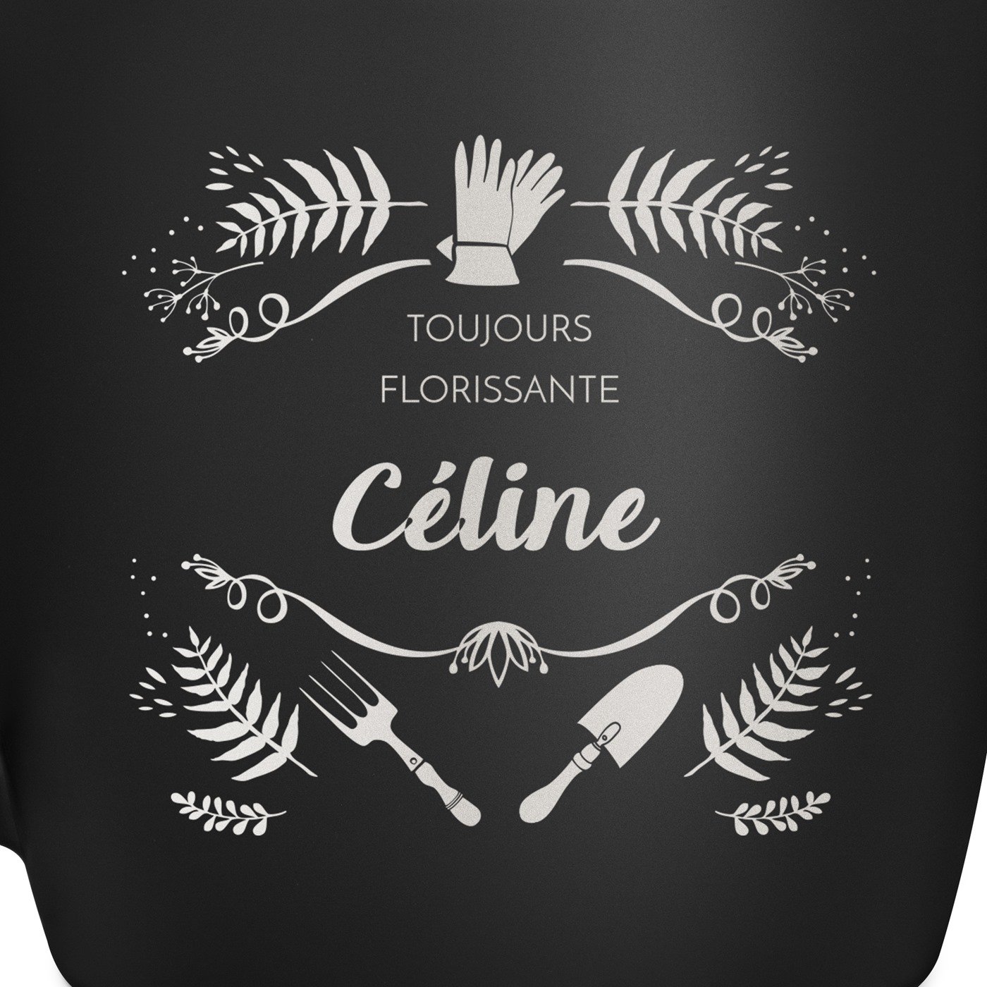 Tasse noire en céramique avec gravure pour elle jardinière anniversaire
