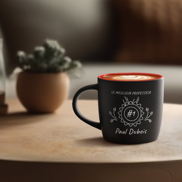 Tasse noire fond rouge en céramique avec personnalisation pour enseignant professeur