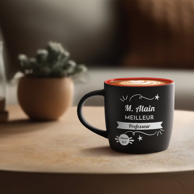 Tasse noire fond rouge en céramique avec personnalisation pour enseignant professeur