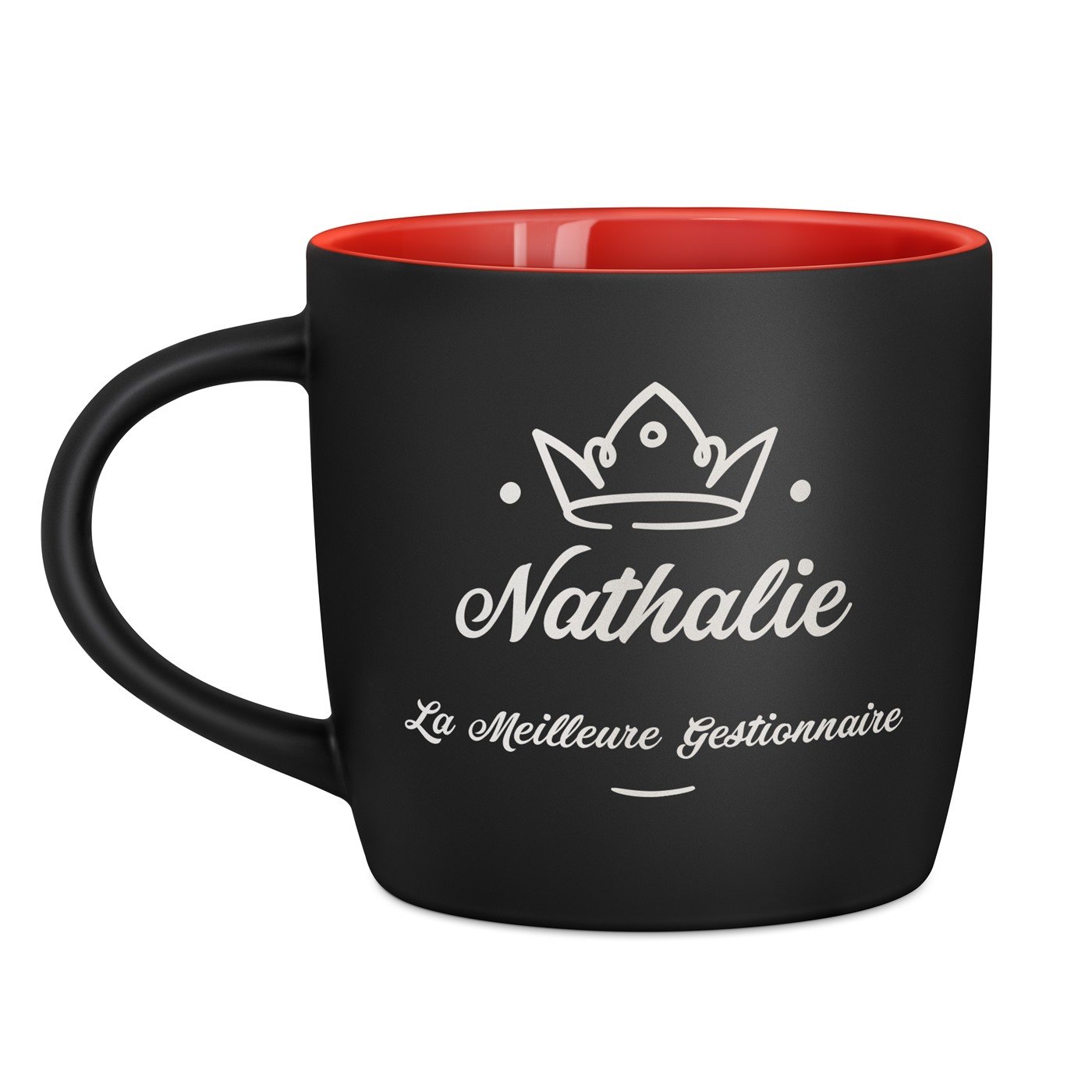 Tasse noire fond rouge en céramique avec personnalisation pour femme collègue promotion travail
