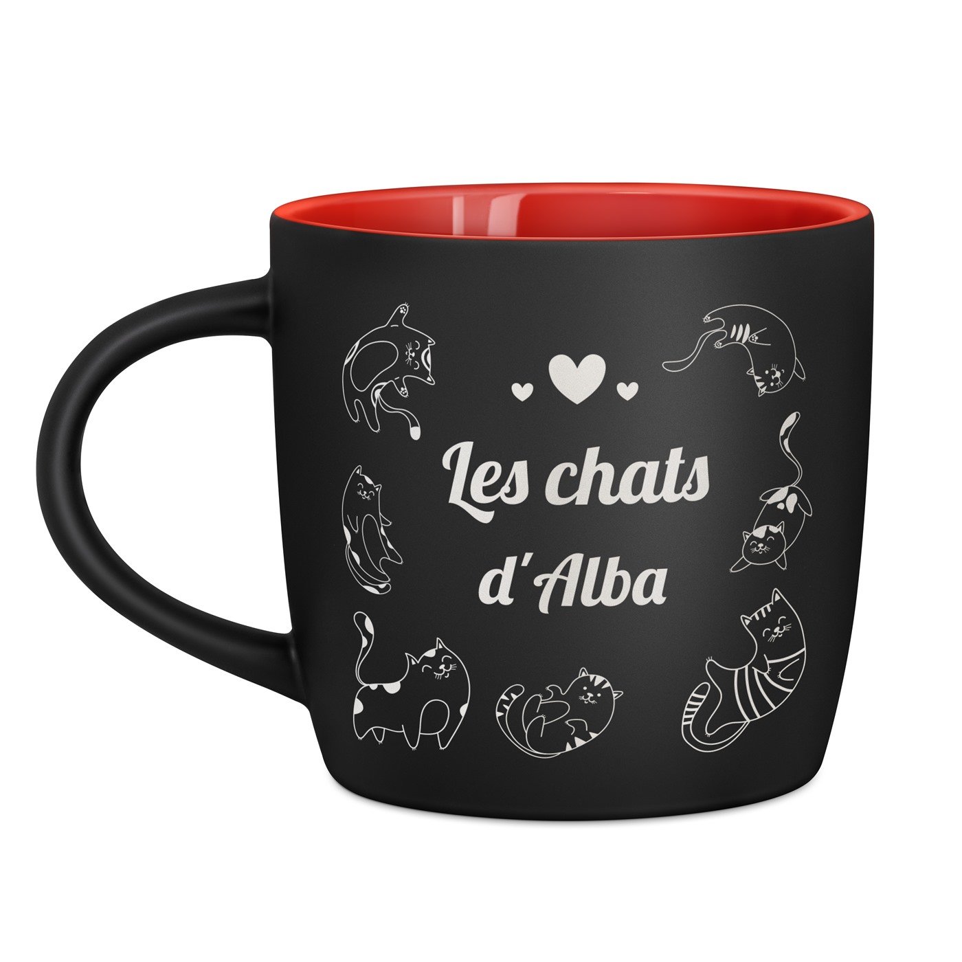 Tasse noire fond rouge en céramique avec personnalisation pour femme amoureuse des chats saint valentin