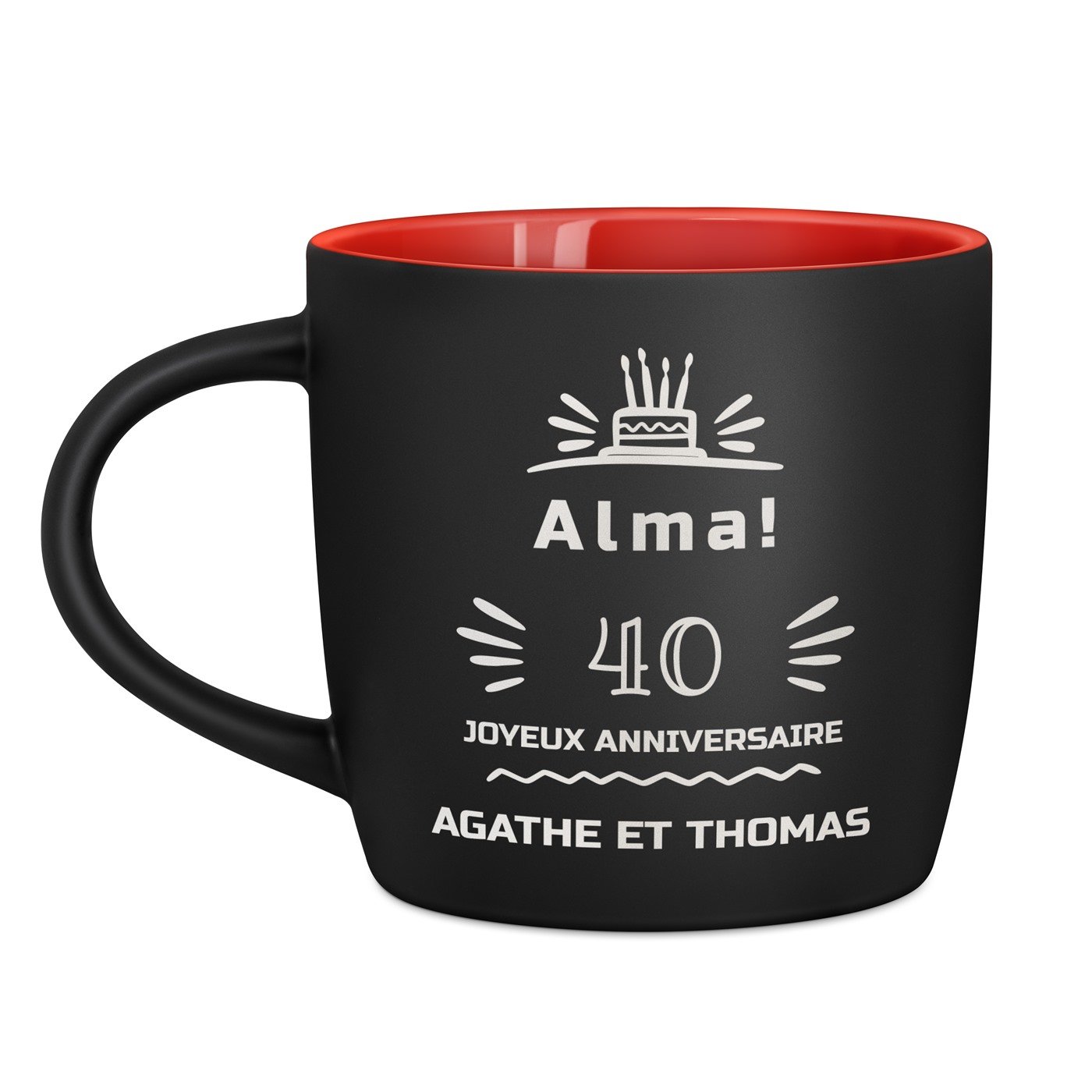 Tasse noire fond rouge en céramique avec personnalisation pour elle 40 ans anniversaire