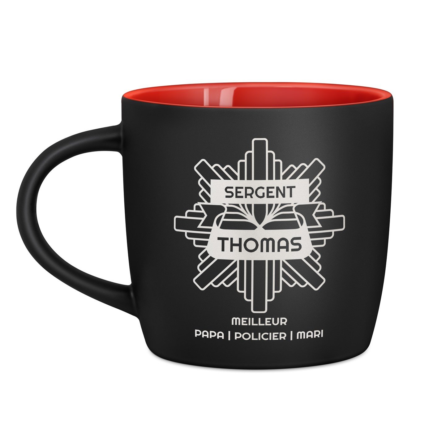 Tasse noire fond rouge en céramique avec personnalisation pour policier père mari