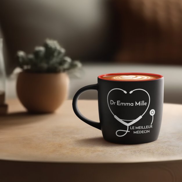 Tasse noire fond rouge en céramique avec personnalisation pour femme médecin docteur