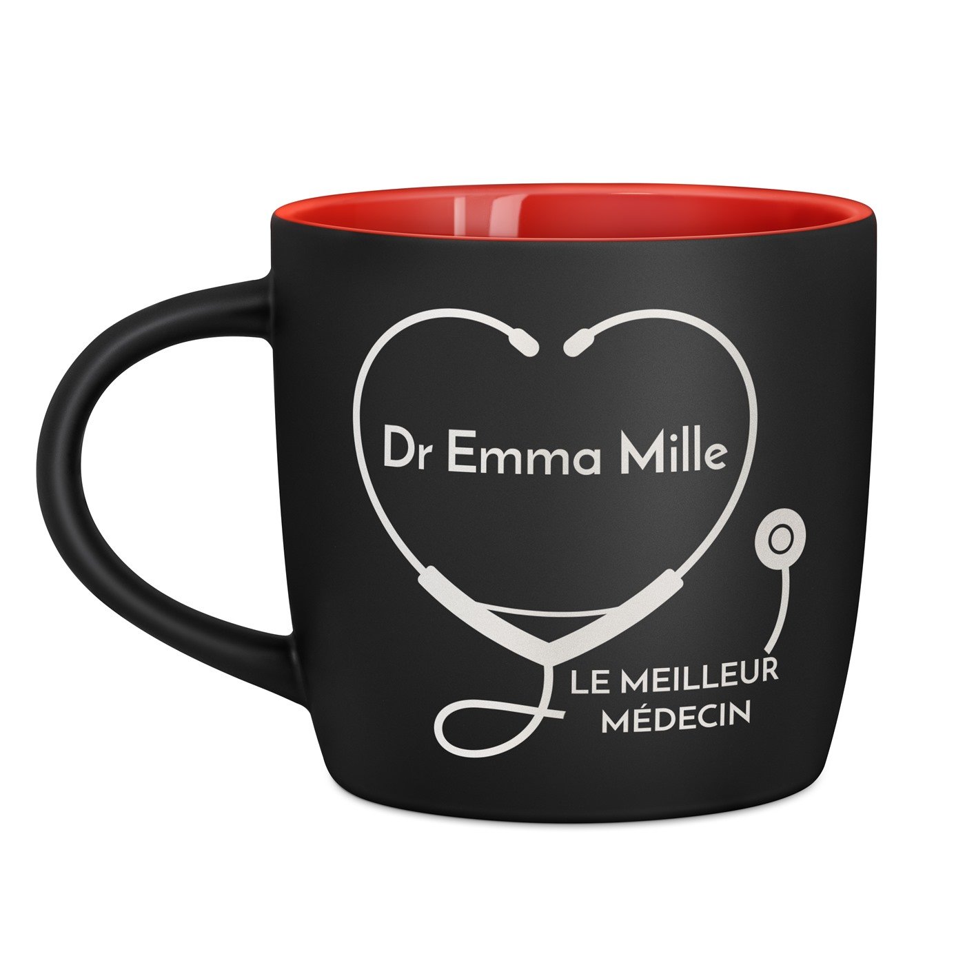 Tasse noire fond rouge en céramique avec personnalisation pour femme médecin docteur