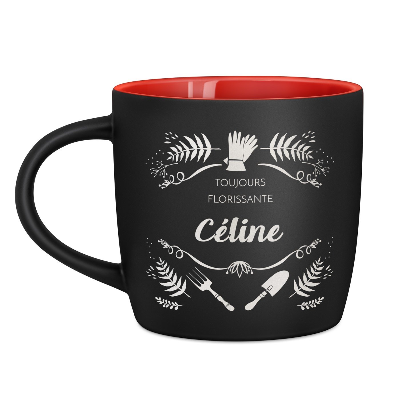 Tasse noire fond rouge en céramique avec personnalisation pour femme jardinière anniversaire