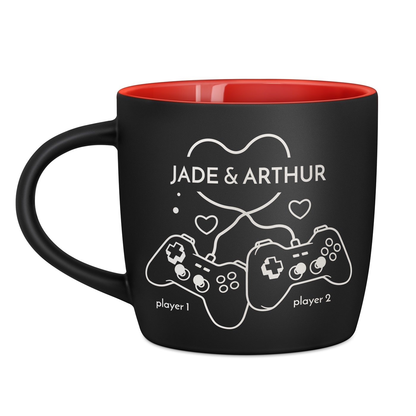 Tasse noire fond rouge en céramique avec personnalisation pour couple mariage anniversaire st valentin