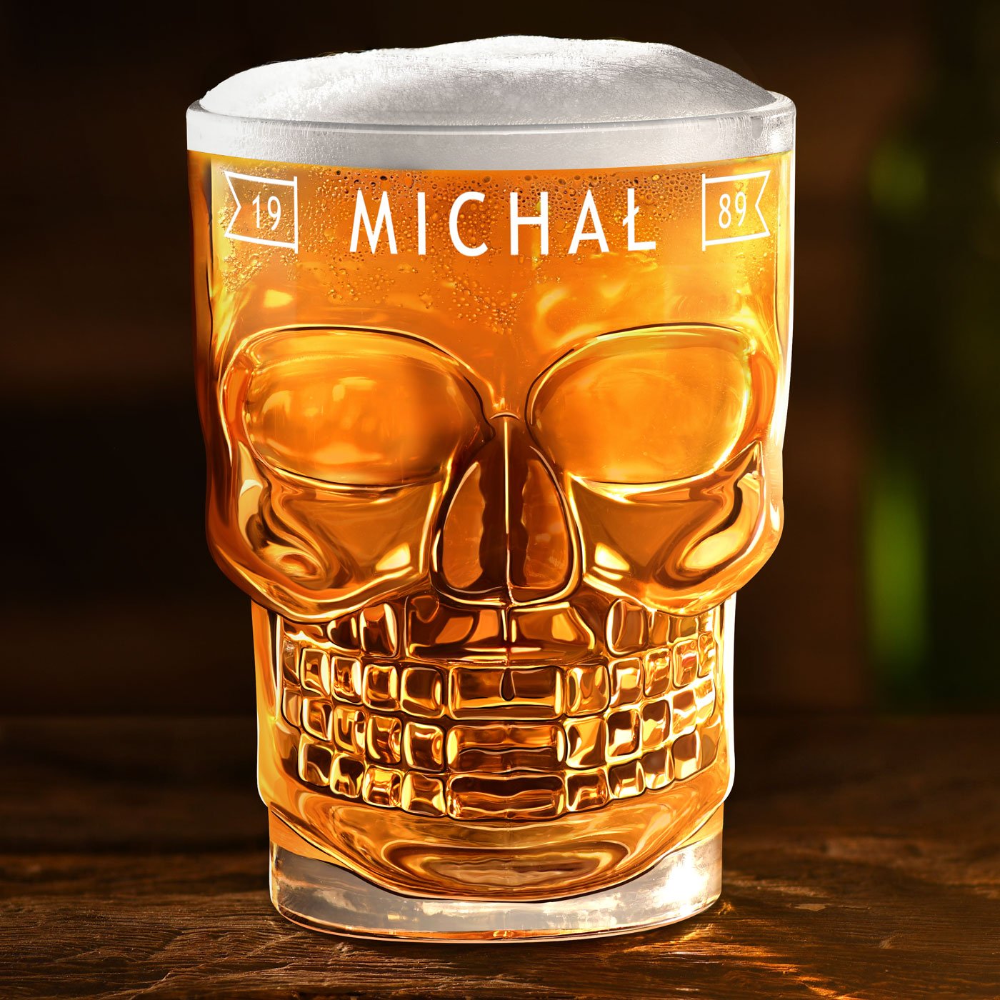 Verre à bière en forme de crâne avec personnalisation pour anniversaire