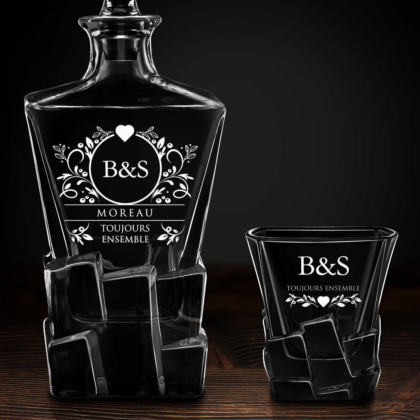 Carafe à whisky Ice Blink et 6 verres avec gravure pour couple