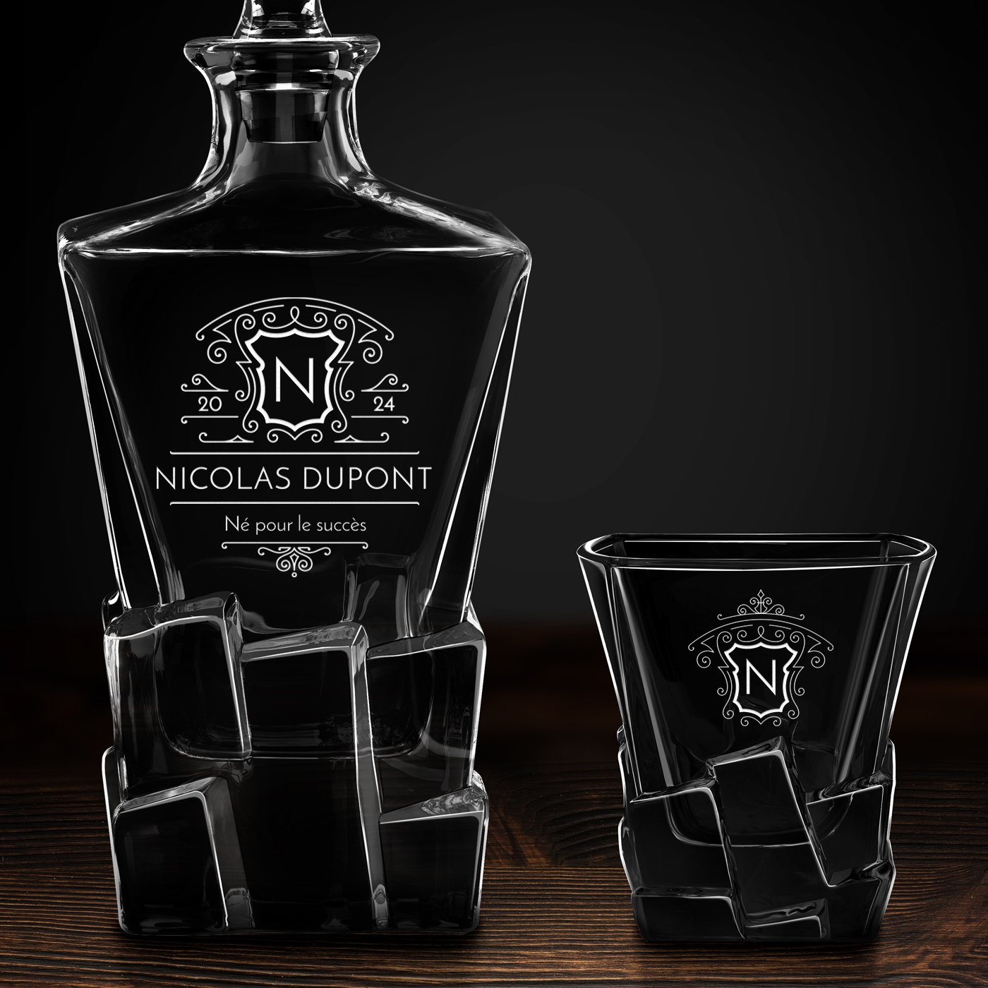 Carafe à whisky Ice Blink et 6 verres avec gravure pour patron