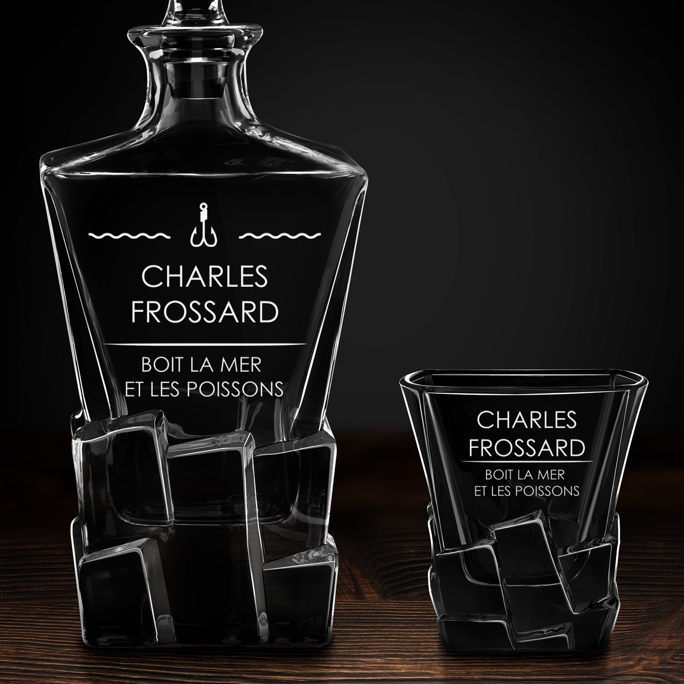 Carafe à whisky Ice Blink et 6 verres avec gravure pour pêcheur