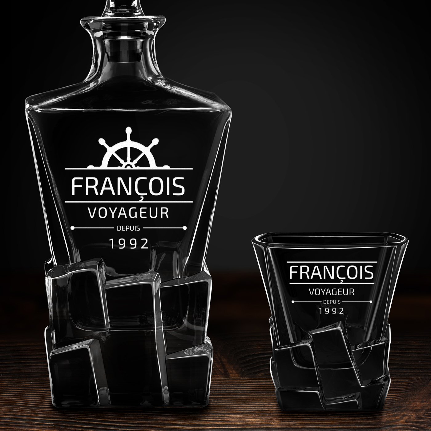 Carafe à whisky Ice Blink et 6 verres avec gravure pour un voyageur