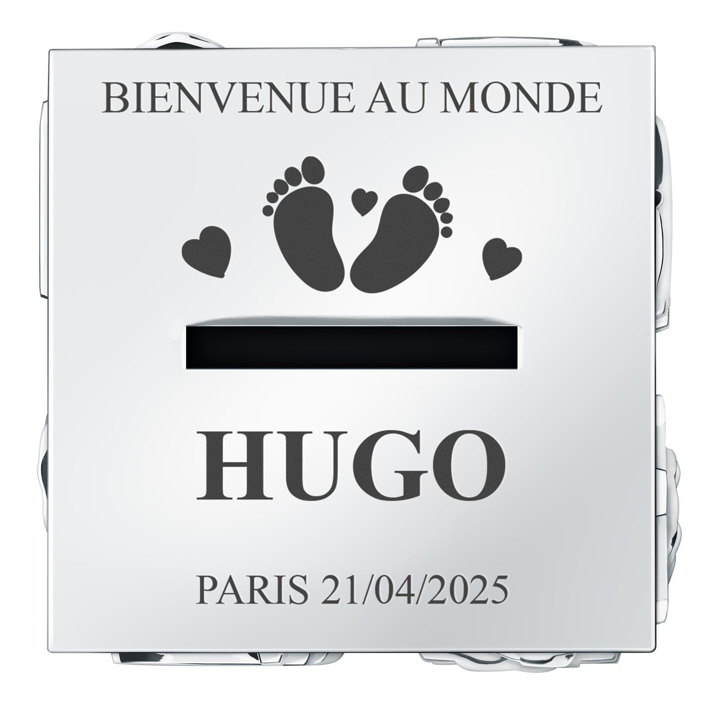 Tirelire argentée Cube avec personnalisation pour garçon