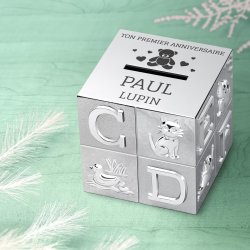 Tirelire argentée Cube avec personnalisation pour petit-fils 1 an