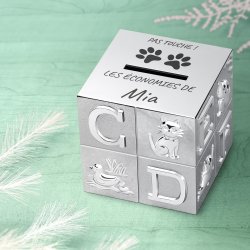 Tirelire argentée Cube avec personnalisation pour une nièce
