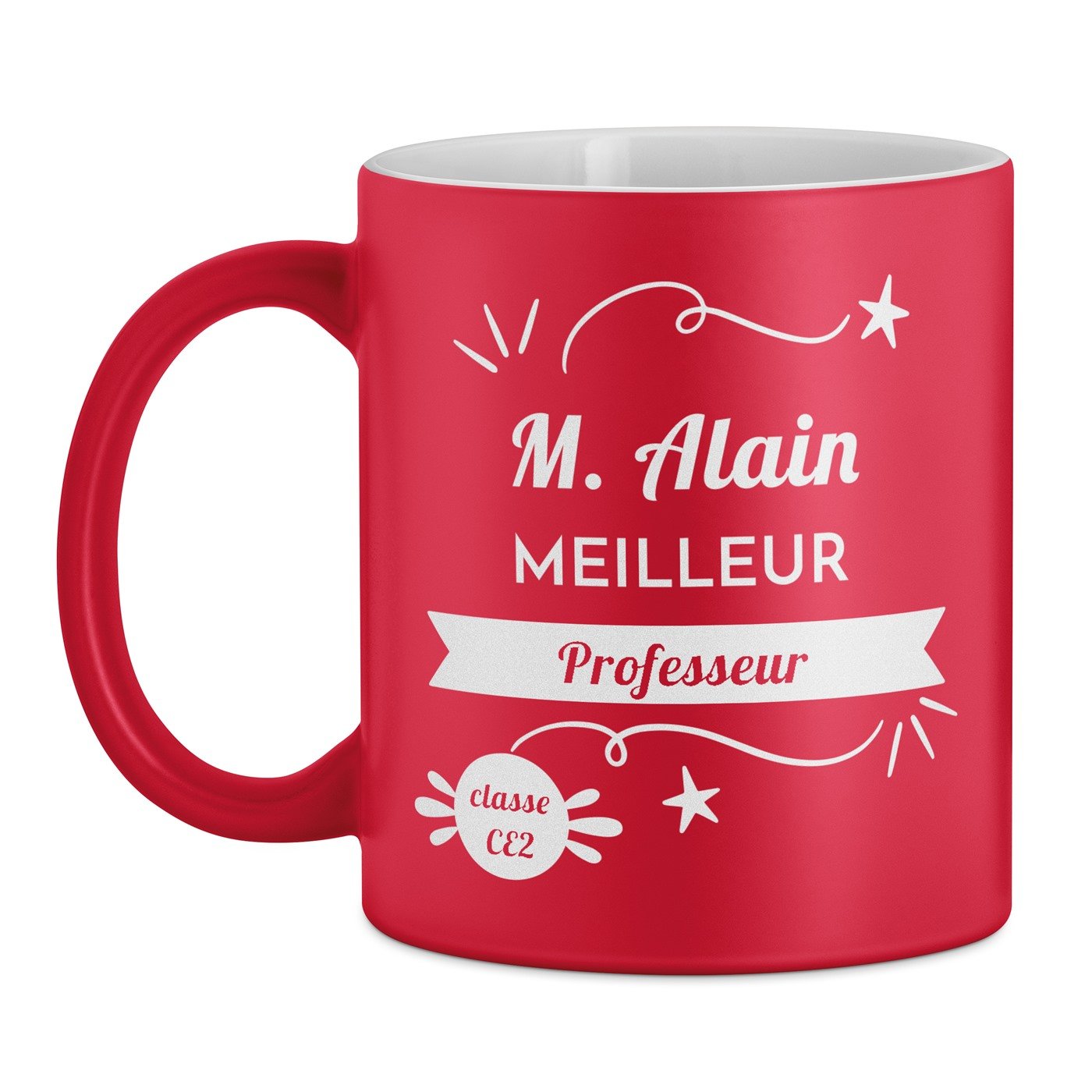 Tasse rouge en céramique fond blanc avec personnalisation pour professeur enseignant