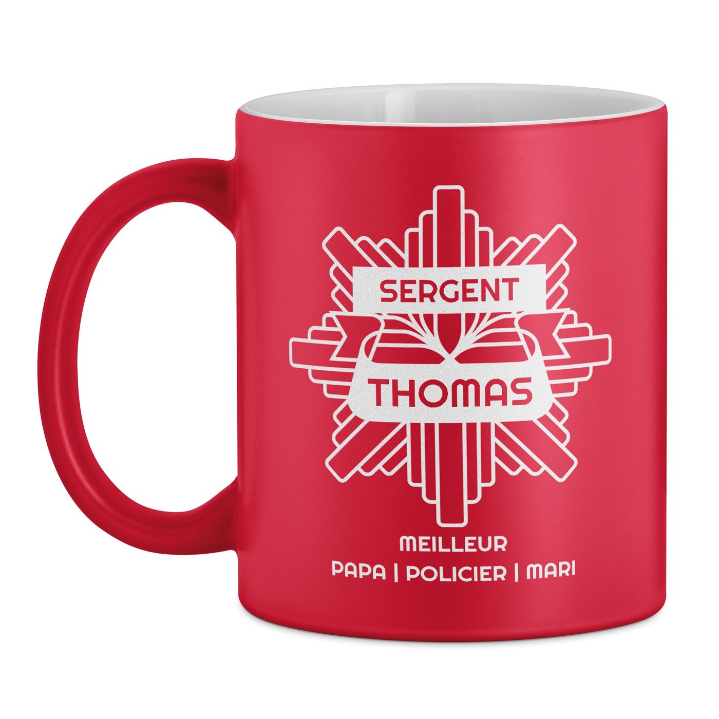 Tasse rouge en céramique fond blanc avec personnalisation pour lui policier père mari