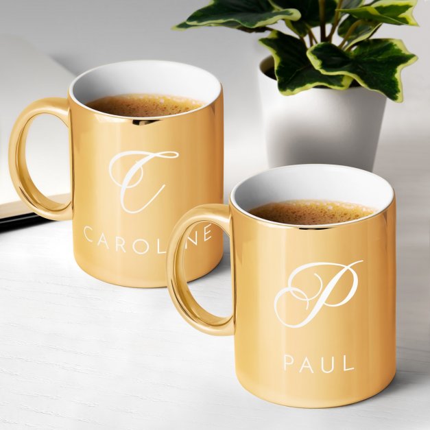 Set de 2 tasses dorées en céramique avec personnalisation pour couple mariage anniversaire